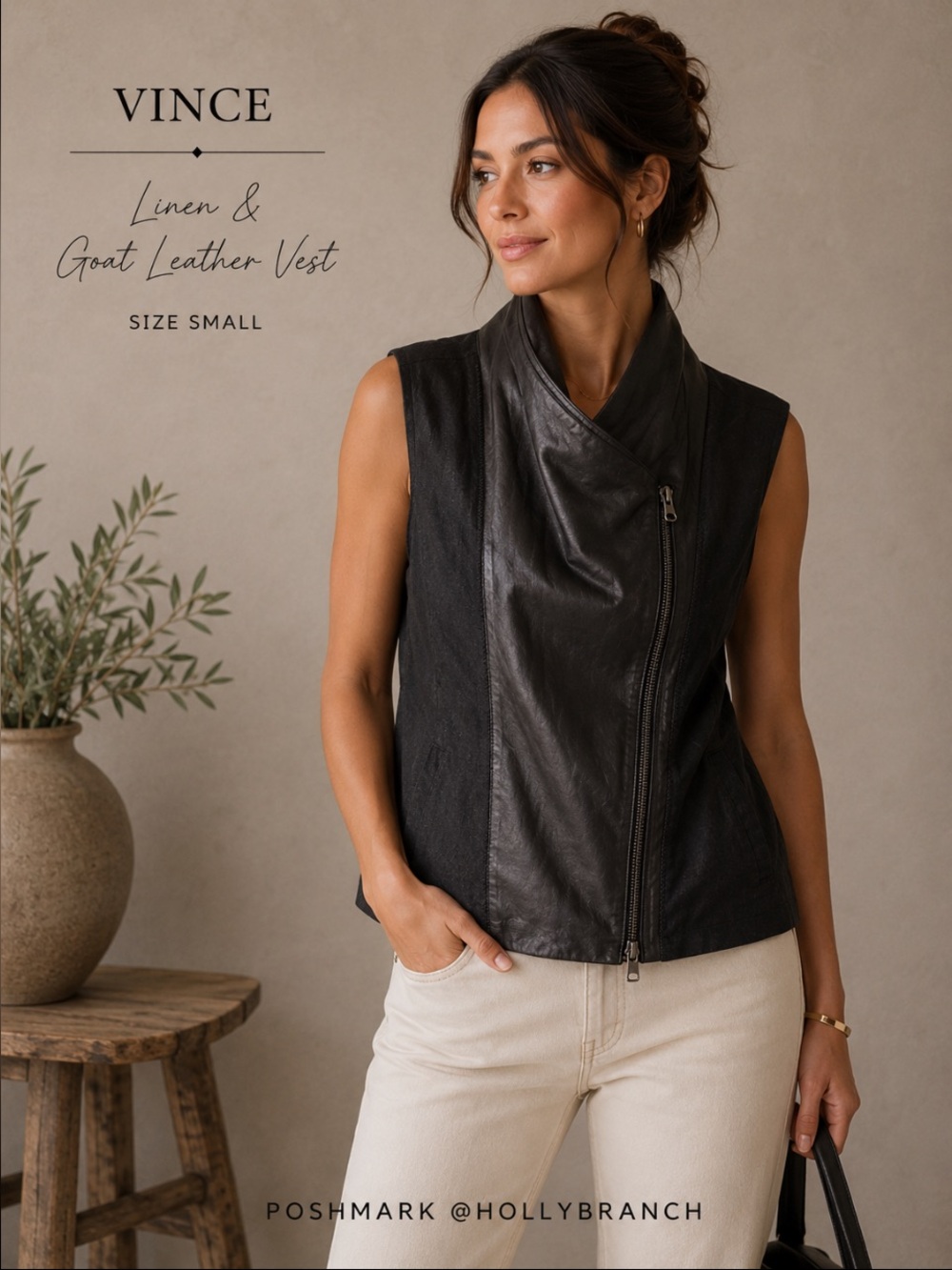 Vince linen and leather asymmetrical vest